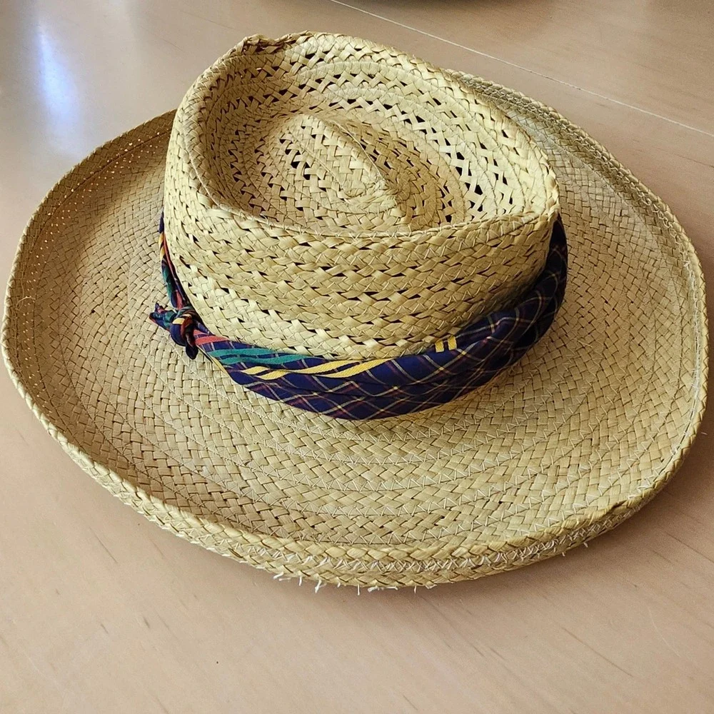 Vintage LL Bean Macora Straw Sun Hat Plaid Trim Size 7 3/8 70s Preppy Summer